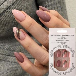 Valse nagels 24 -stks roze amandel kunstmatige nep draagbare ovale kop vol cover nagel tips druk op doe -het -zelf manicure gereedschap