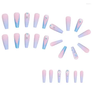 Faux ongles 24pcs rose bleu dégradé camélia long cercueil ongles conseils détachables presse sur