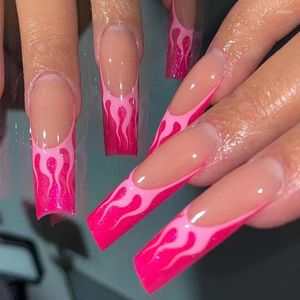 Valse nagels 24 -stks roze vlam Lange ballet neppers op draagbare vierkante kop vol spijker tips afneembare afgewerkte vingernagels