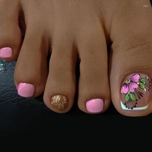 Faux ongles 24 pièces rose fleur imprimé faux ongles été plage pour filles femmes acrylique pied ongles conseils couverture complète portable