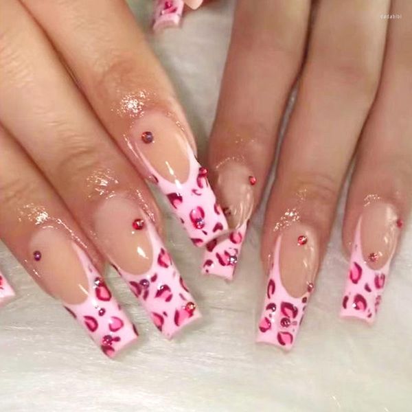 Faux ongles 24 pièces rose léopard faux avec strass ballerine longue cercueil portable couverture complète presse sur manucure ongle