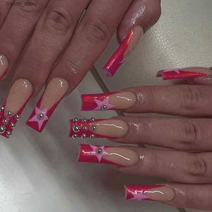 Valse nagels 24 -stcs roze ster valse nagel tips roze y2k kist ballet nep nagel lange Franse acryl nagels tips voor meisjes vrouwen draagbaar y240419