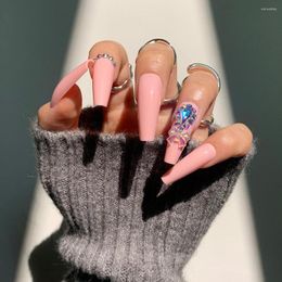 Valse nagels 24 -stks roze zoete stijl midi paragraaf patch verwijderbare lange manicure lijm glitter type volledige hoes
