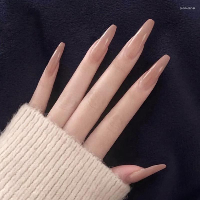 Valse nagels 24 -stks poeder grijs naakt super lange manicure verwijderbare patch mh88