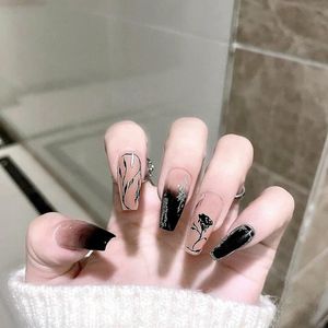 Faux Nails 24pcs Presse sur Black Rose Long Fingernail Stickers Nail Supplies for Professionals portable Frags Free Nailsfalse