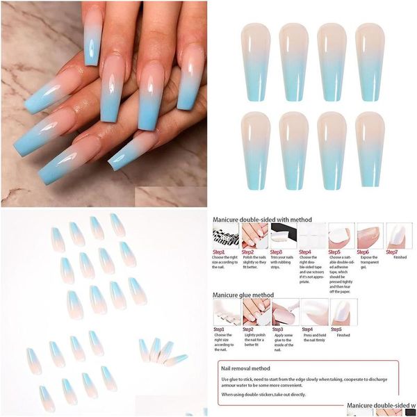 Faux ongles 24pcs presse sur cercueil long ballet dégradés bleu manucure artificielle avec colle pour les filles livraison directe santé beauté ongles Dhtfc