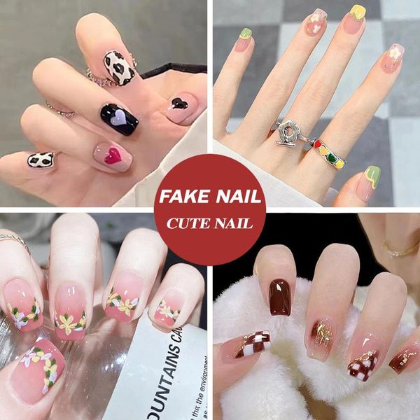 Uñas postizas, 24 Uds., juego de arte falso, puntas de uñas francesas rosas reutilizables acrílicas cortas, Kawaii con diseño desmontable