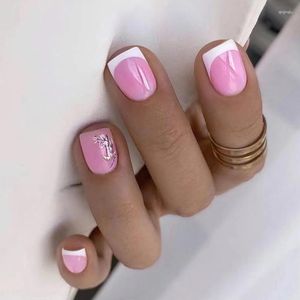 Falsas Nails 24 unids Presione en las puntas de las uñas Rosa Blanco Artificial Falso Cuadrado Patrón brillante corto con diseños coreanos franceses