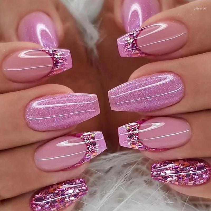 Valse nagels 24-delig Druk op paars glitter Frans met paillettenontwerpen Draagbaar ballet Nep Lange volledige dekking Nageltips