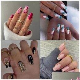 Kunstnagels 24 stuks Druk op kort medium vierkant Fake Fl Er Stick Frans voor dames meisjes Drop Delivery Gezondheid Schoonheid Nail Art Salon Dhbqz