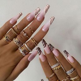 Faux ongles 24 pièces presse sur vague ligne français brillant motif de vache faux Long cercueil Ballet doigt porter Nail Art TipsFalse