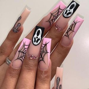 Faux ongles 24 pièces Punk Ghost Halloween portable longue toile d'araignée Stiletto faux couverture complète presse sur les pointes des ongles manucure décor