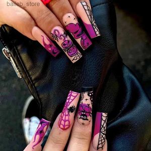 Valse nagels 24 -stks paarse pompoenspider valse nagels Halloween patroon decor press op nagelpatch draagbare kunstmatige nageltips voor meisje vrouwen y240419