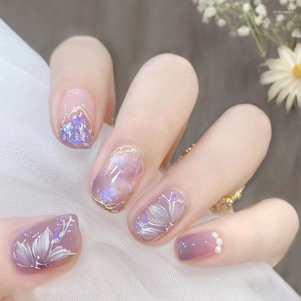 Faux ongles 24 pièces violet court rond avec conception de fleur d'aurore presse coréenne détachable sur de faux conseils de manucure en acrylique