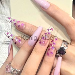 Uñas postizas 24 piezas Púrpura Transparente Uñas postizas largas Diseño de etiqueta de mariposa Uñas postizas Arte Cobertura completa Extraíble Prensa falsa en uñas x0822