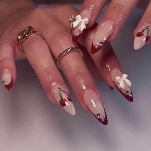 Faux ongles 24pcs Red Cherry Faux Nails French amander Press on Nails with White Bow Decor Couvercle Full Valent False Nail Tips pour les femmes T240507