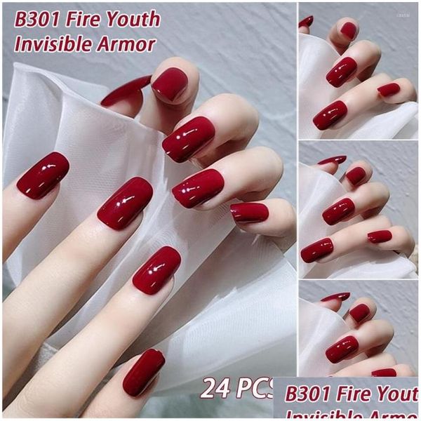 Faux ongles 24pcs Couleur solide rouge Faux Francs acryliques Tempérament Elegant Fingant Finnernail Sticker Drop Livrot Dh48z