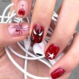 Faux ongles 24pcs araignée rouge faux ongles sweet cool style appuyez sur l'ongle couverture complète portable courte rond