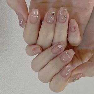 Uñas postizas, 24 Uds., cortas, extraíbles, con pegamento, color rosa desnudo, diseños de diamantes artificiales, prensa acrílica