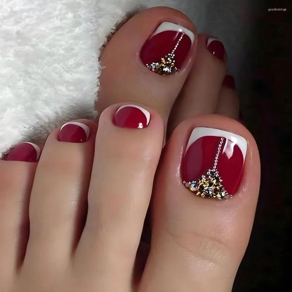 Uñas postizas 24 Uds Uñas De Los Pies Rojo Retro Con Diseño De Cristal Dorado Cubierta Completa Francesa Cabeza Cuadrada Punta Artificial Usable Desmontable