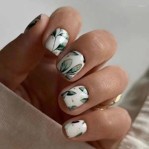 Kunstnagels 24 stks retro met lijm groene bladeren ontwerp nep korte vierkante druk op nageltips draagbaar afgewerkte manicure