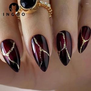 False nagels 24 -stks herbruikbare stok op nep nagel y2k zwart rood gotische amandische press middelgrote gouden spiegelpoederlijn met lijm