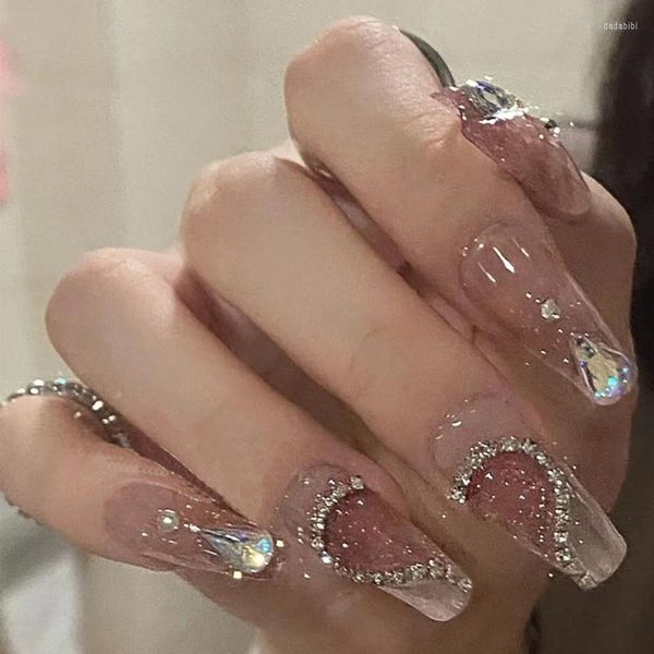 Uñas postizas, 24 Uds., diseño de diamantes de imitación, uñas postizas largas, purpurina, cadena de corazón, Ballet cuadrado con pegamento, arte de hadas, puntas de prensa