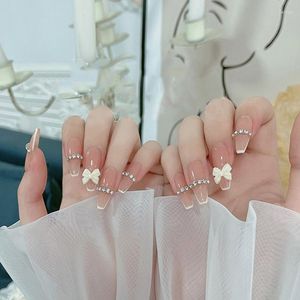Valse nagels 24 -sten Rhinestone ingelegde nagelpatch lijm type verwijderbare lange manicure bespaar tijd bowknot schattige set
