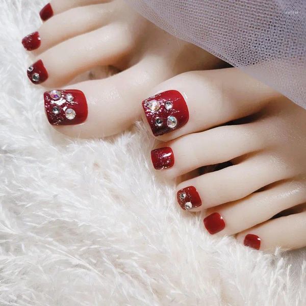 Uñas postizas 24 piezas de diamantes de imitación con incrustaciones de uñas postizas, tipo de pegamento de vino tinto, uñas de los pies de manicura cuadradas cortas extraíbles, presione en las puntas de las uñas