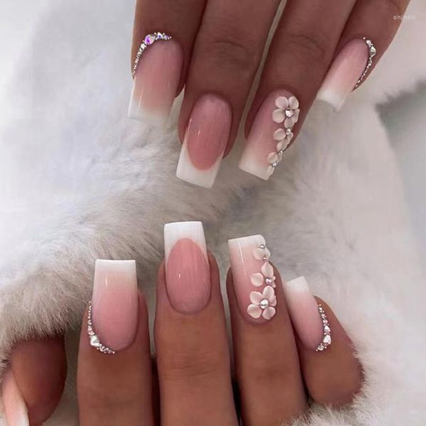 Uñas postizas, 24 Uds., prensa francesa sencilla romántica, diseño de flores con puntas de uñas cuadradas largas de diamante, manicura rosa