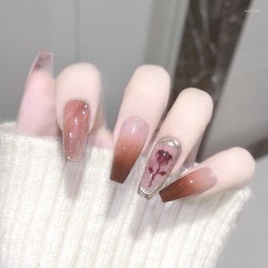 Faux ongles 24 pièces Rose portant des faux conseils Halo colorants Long Ballet couverture complète presse artificielle sur Nail Art colle dégradée