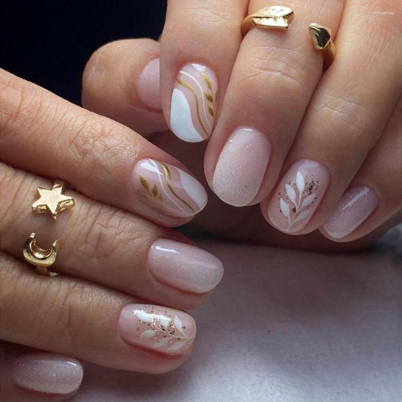 Falska naglar 24 st runda huvud franska falskt med blad glitter design vattentät bärbar manikyr nagelkonst tips tryck på