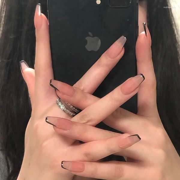 Faux ongles 24 pièces sans couture amovible presse artificielle sur Nail Art mode détachable avec des designs français bord noir faux
