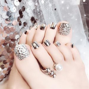Valse nagels 24 -stcs/set schoonheid chic teen zilveren metallic afgewerkt volledige dekking voor voet met strass voeten kunstmatige nagel prud22
