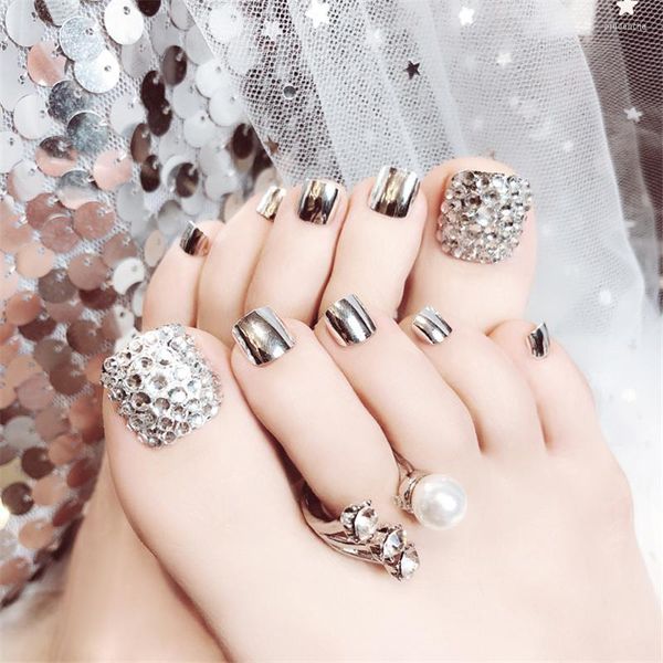 Faux ongles 24 pièces/ensemble beauté chic orteil argent métallisé fini couverture complète pour pied avec pieds strass ongles artificiels Prud22