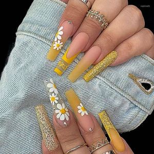 Faux ongles 24 pièces/ensemble beauté fleur longue paillettes d'or ballerine artificielle Nail Art jaune dégradé presse sur pointes complètes
