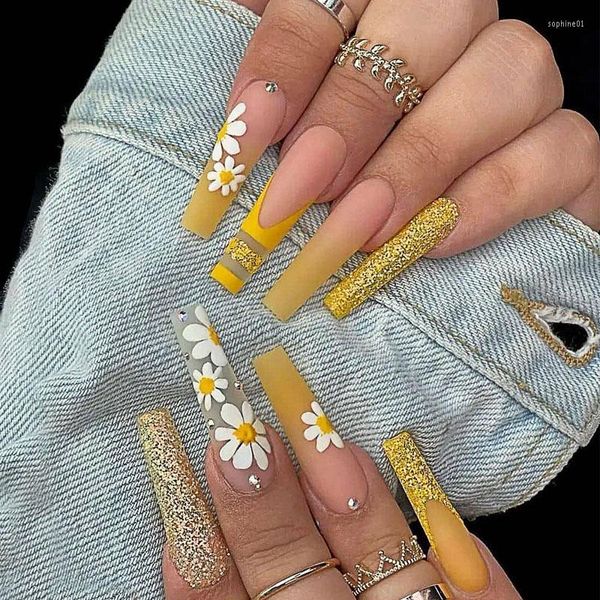 Uñas postizas 24 unids/set Flor de belleza Bailarina con purpurina dorada larga Arte de uñas artificial Gradiente amarillo Prensa en puntas completas