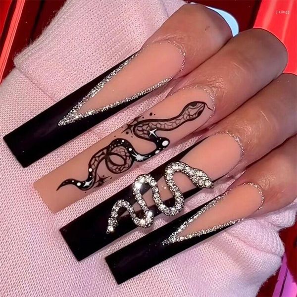 Faux ongles 24 pièces/ensemble noir français luxe argent serpent strass cercueil en forme mat faux ongles maquillage Nail Art conseils