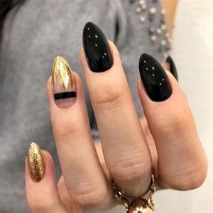 Falsas Nails 24 unids / set Negro Oval Usando Parche Hoja de Oro Medio Largo Almendra Prensa en Arte Manicura Francesa Extraíble