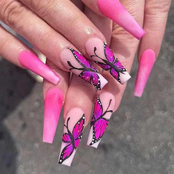 Faux Nails 24pcs / Set Butterfly H Dyeing Long T Gommage Réutilisable Faux Nails Scaillable Art amovible Faux Nails Capsule FR SHIPING Articles T240507