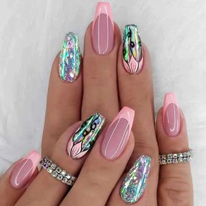 Valse nagels 24 -stcs/set kleurrijke glanzende nep nagels kunstmatige acryl long ballet press op nagel tips kist met herbruikbare valse nagels kunst t240507