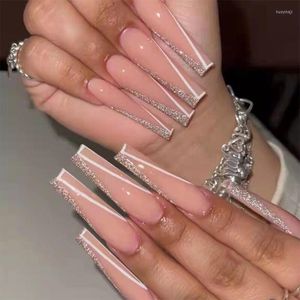 Valse nagels 24 stks/set Frans lang roze verwijderbare glitter nep acryl vingernagel diy ballerina volledige nagel sticker kunsttips