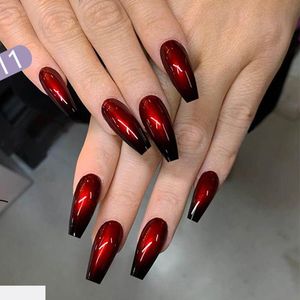 Valse nagels 24 stks / set lange doodskist mode afgewerkt rood zwart gradiënt nep schoonheid nagel decal ballerina full art tips