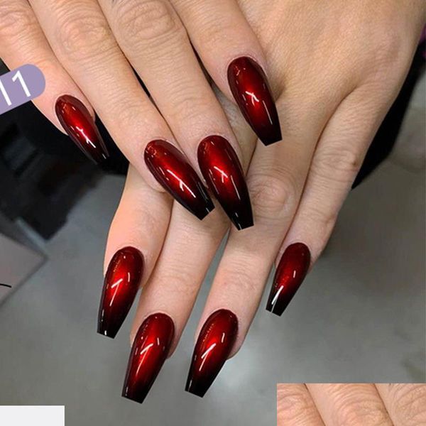 Uñas postizas 24 Unids / set Moda de ataúd largo Acabado Rojo Negro Gradiente Fake Beauty Nail Decal Bailarina Fl Art Tips Drop Delivery Hea Dhxcj