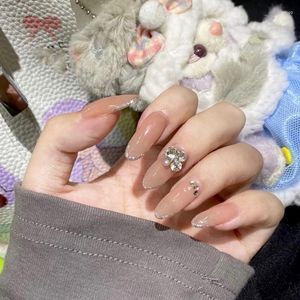 Faux Nails 24pcs / Set Nail Silver Border 3D Flower Wear Long Paragraph Fashion Manucure Patch complet Cover Fecuable Cercin Fake