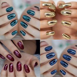 Kunstnagels 24 stks/set ovale nep metalen spiegeleffect middelgrote goud zilver rood blauw kleuren faux ongles druk op acryl nagel