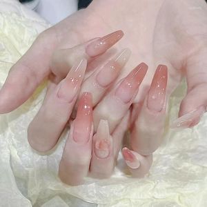 Valse nagels 24 -stcs/set druk op nep volledige hoes kunstmatige nagel lange eenvoudige schoonheidstips naakt roze Franse witte zijde