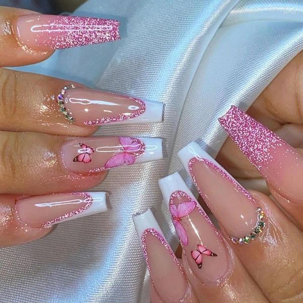 Falsas Nails 24 unids / set Presione en ballet largo con pegamento Pink Gradient Glitter Butterfly Design Acrílico Desmontable Nail