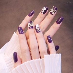 Uñas postizas 24PCS Set Press On Long Purple Cute Bow Pearl Design Fake Full Coverage Artificial TN