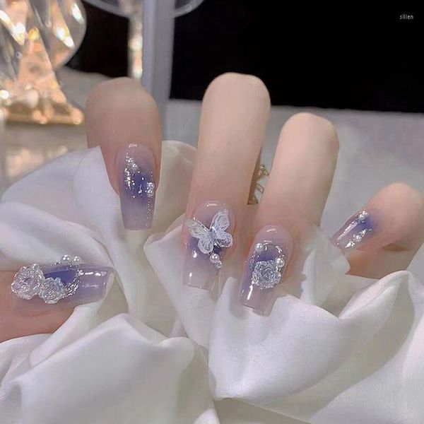 Faux ongles 24 pièces/ensemble joli cristal papillon violet dégradé mariage mariée florale faux ongles artificiels décalcomanie art conseils